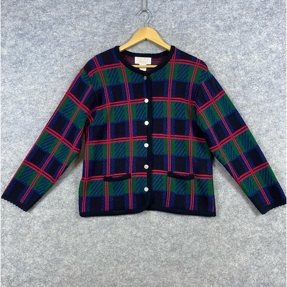 Tally-Ho Vintage Plaid Cardigan Sweater Women’s Size S Red Green Blue Preppy